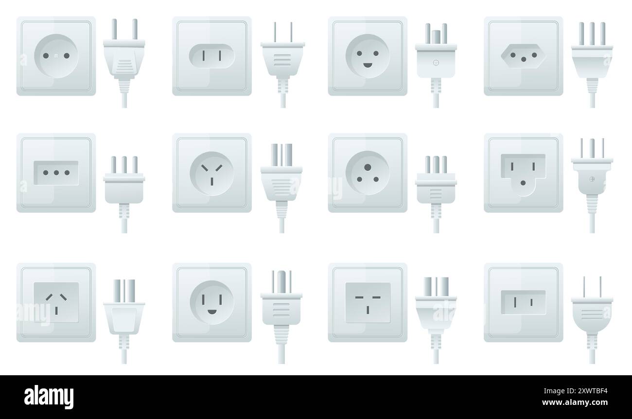 Types de prise femelle et de fiche mâle. Différents connecteurs électriques et trous d'alimentation. Electricity équipement 3D. Normes européennes et américaines. Adaptateurs de câble Illustration de Vecteur