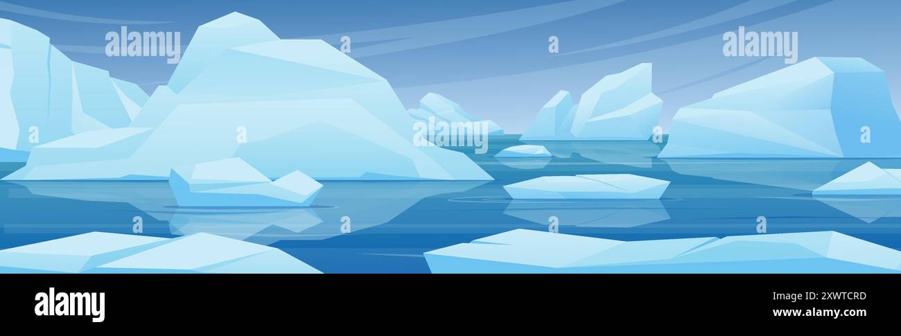 Paysage glaciaire arctique. Eaux du Nord avec des morceaux de glace flottants. Réchauffement climatique. Icebergs dérivants. Panorama des roches antarctiques. Paysage hivernal. Gelé Illustration de Vecteur