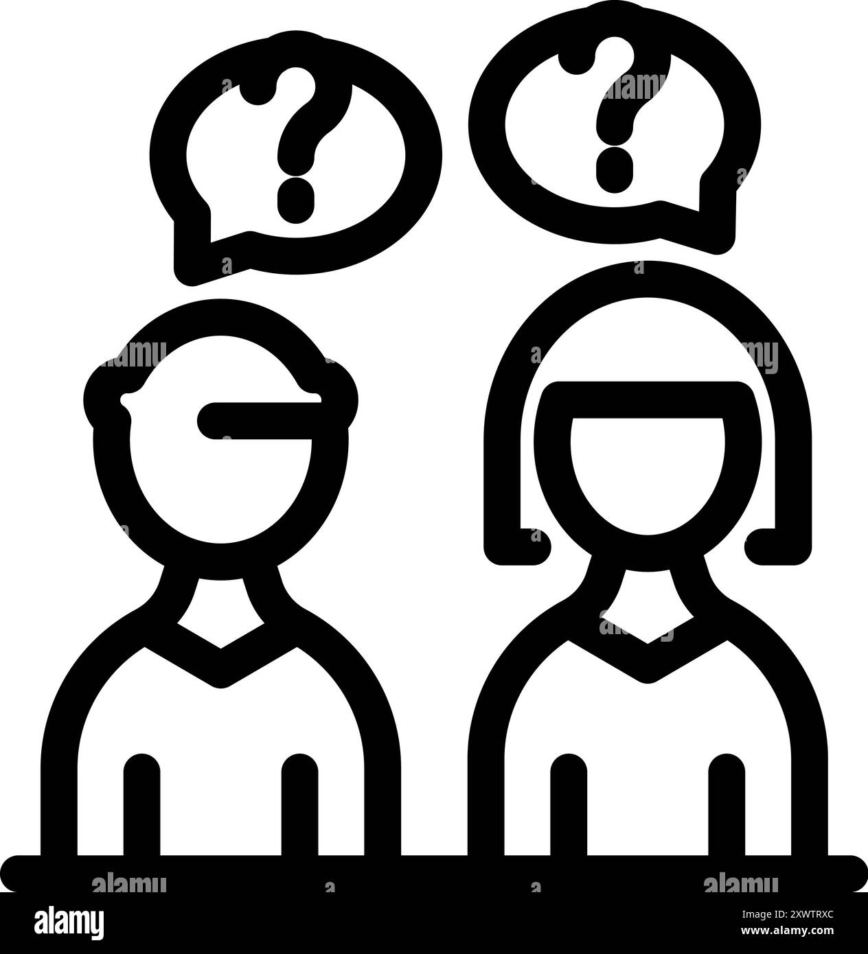 Icône vectorielle simple représentant un homme et une femme pensant avec des points d'interrogation au-dessus de leurs têtes Illustration de Vecteur