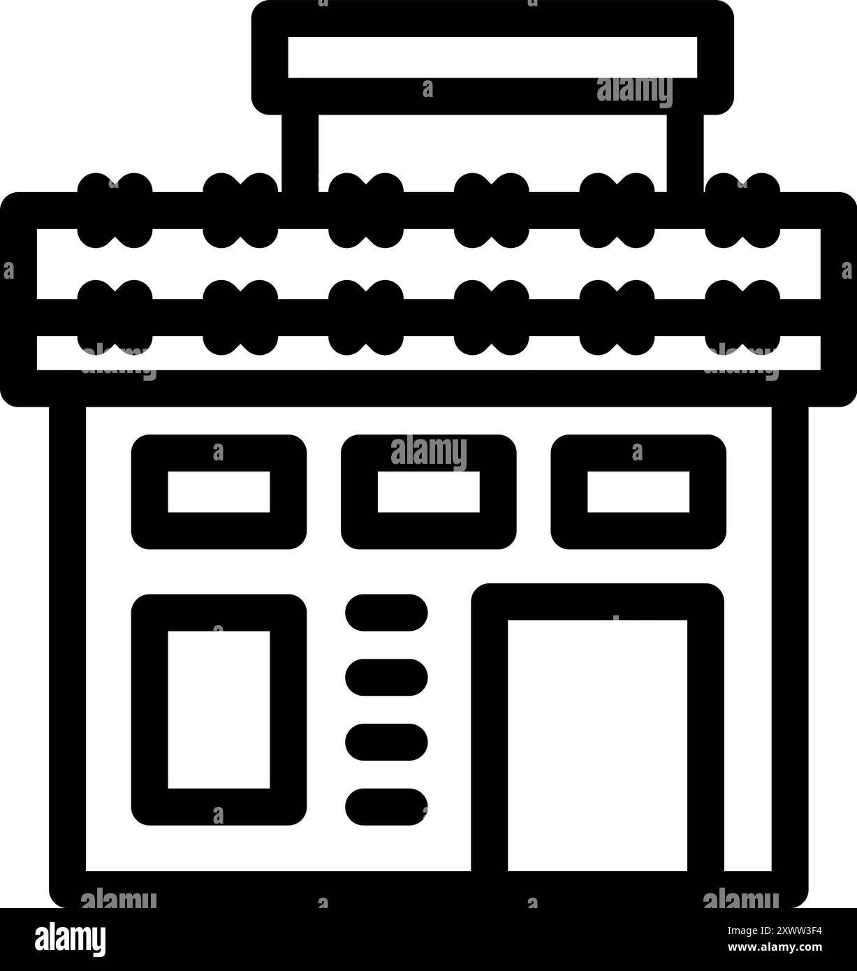 Icône simple en noir et blanc d'un bâtiment avec une terrasse Illustration de Vecteur