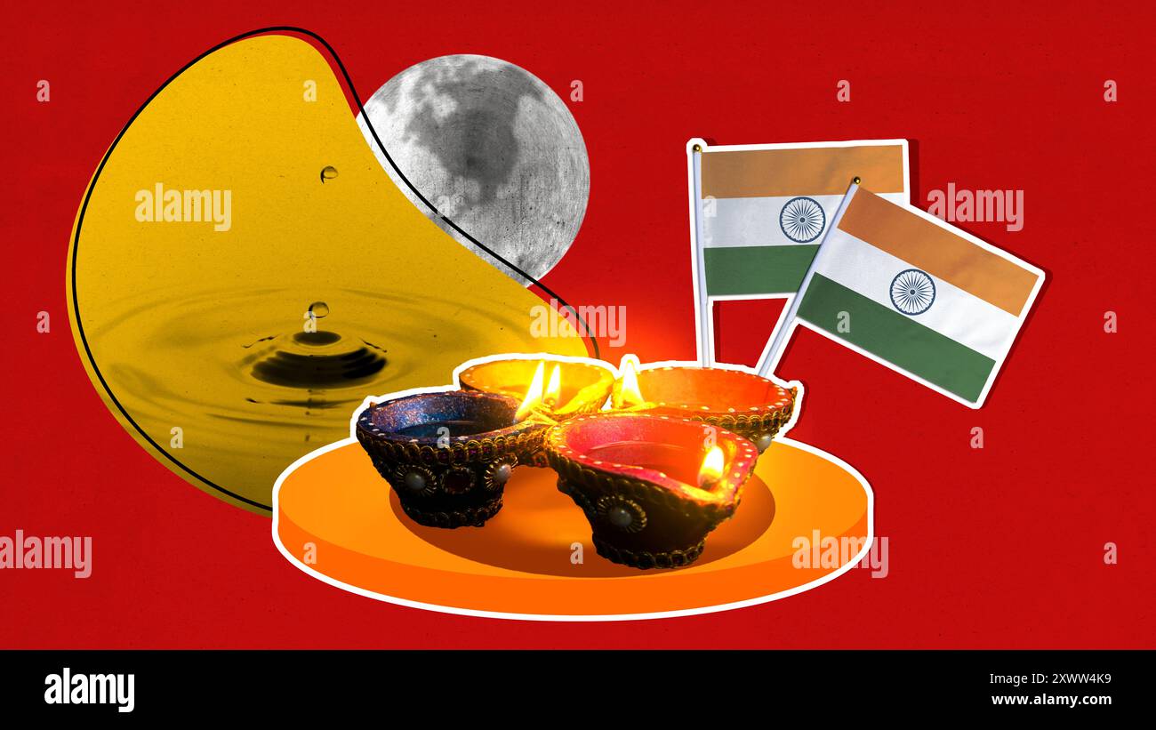 Un fond rouge avec un cercle jaune et une lune. Un drapeau avec le mot Inde dessus. Une assiette avec trois bougies et trois bols. Jour de Diwali Banque D'Images