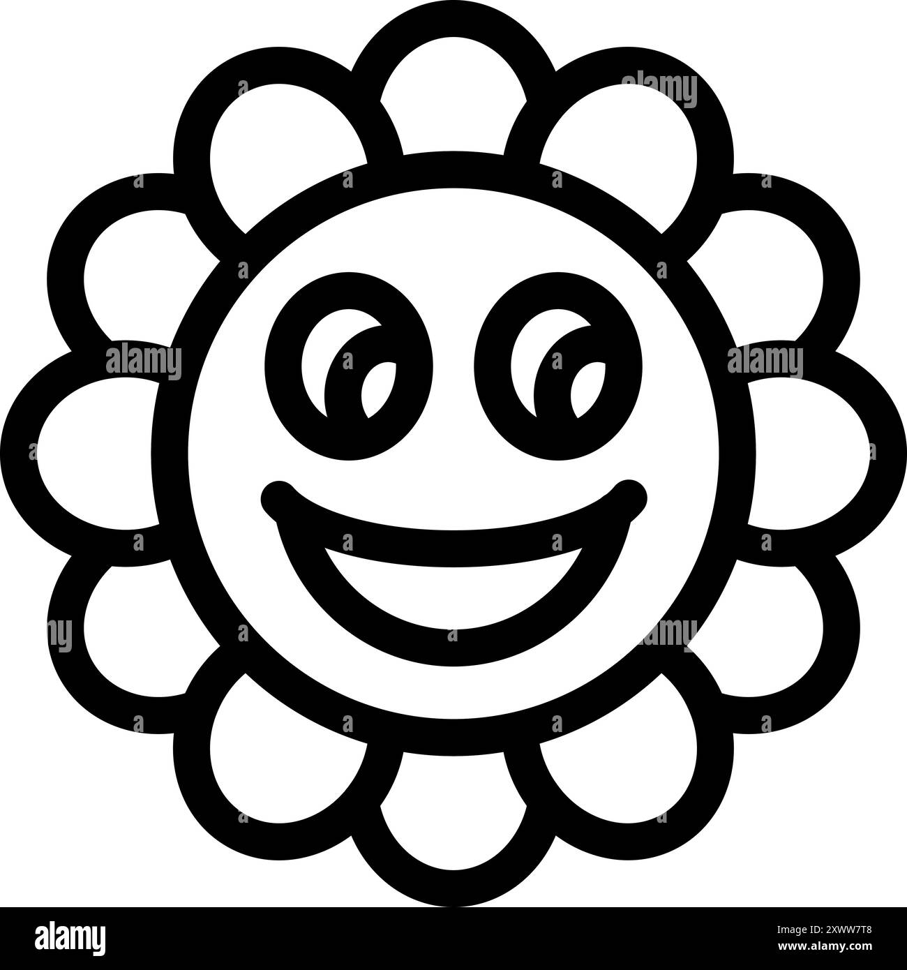 Le visage de fleur joyeux est souriant avec de grands yeux et une bouche ouverte, véhiculant le bonheur et la joie Illustration de Vecteur