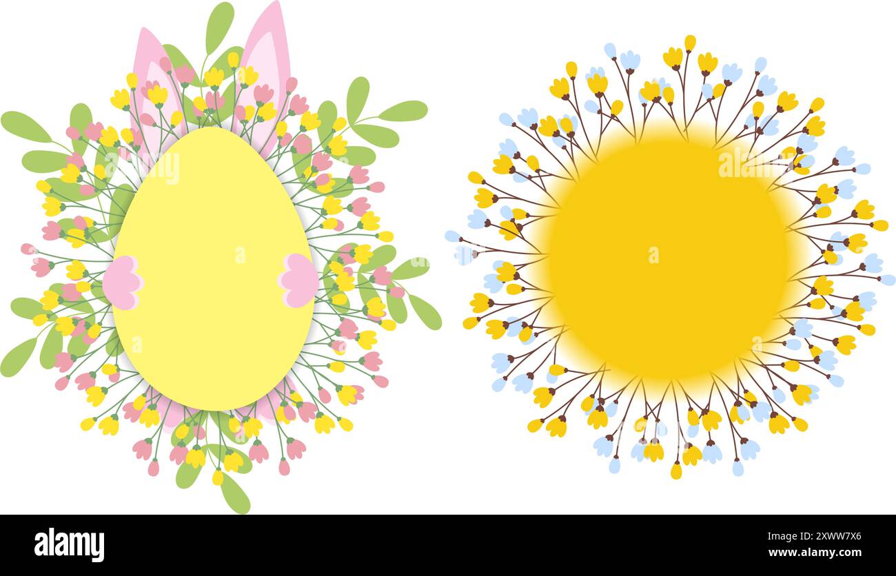 Forme d'oeuf de Pâques et cadres de ressort en cercle avec fleurs et oreilles de lapin en brindilles isolées ensemble de 2. Cartes d'illustration vectorielle, affiches, bannières, brochures, dépliants, étiquette de prix, étiquette ou idée de conception web Illustration de Vecteur