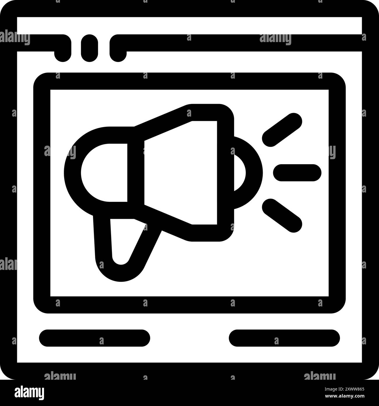 Icône vectorielle noir et blanc d'un mégaphone sur une page Web, représentant la publicité en ligne et les stratégies de marketing numérique Illustration de Vecteur