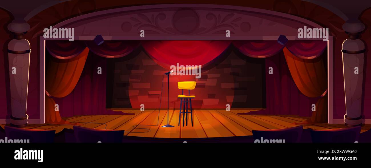 Scène de théâtre de dessins animés pour comédie stand up comique ou performance de concert de chanteur. Spectacle vectoriel et scène de concours avec rideau de velours ouvert rouge et projecteur, chaise tabouret et microphone sur plancher en bois. Illustration de Vecteur