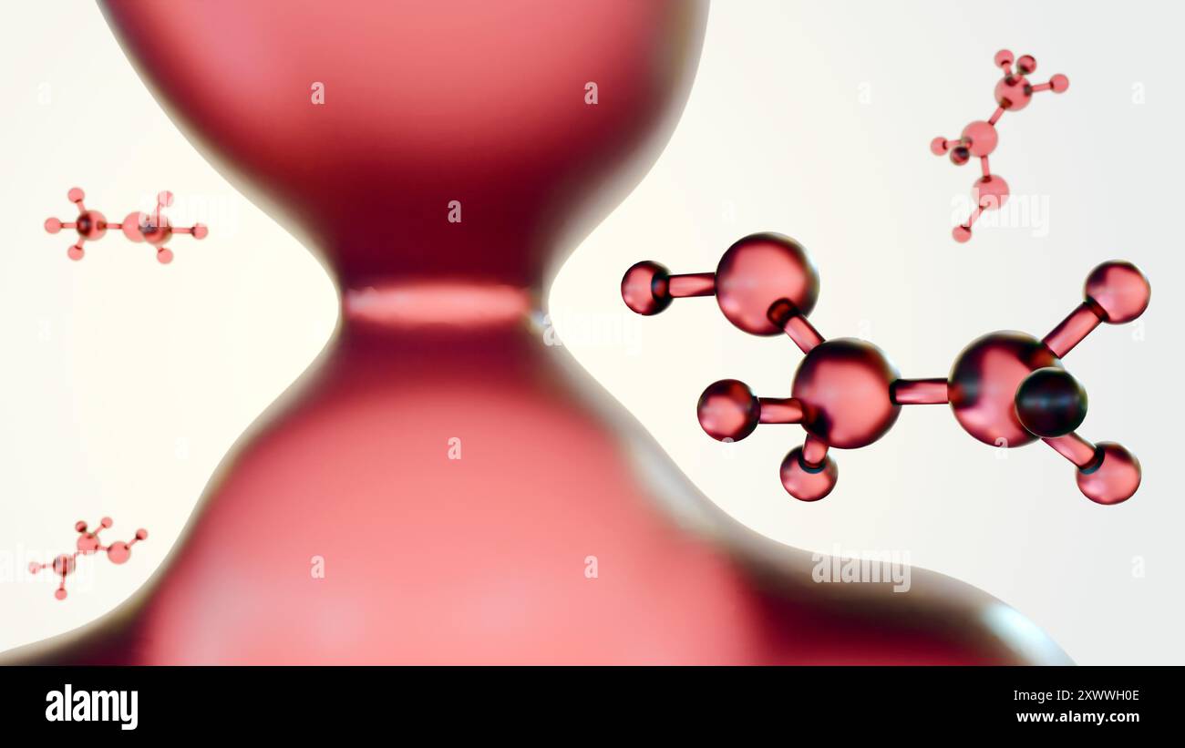 Un rendu 3d de liquide rouge vif de vin et molécules d'éthanol qui flottent librement. Banque D'Images