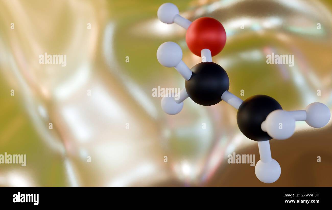 Un rendu 3d de liquide clair vibrant de vin et molécules d'éthanol qui flottent librement. Banque D'Images