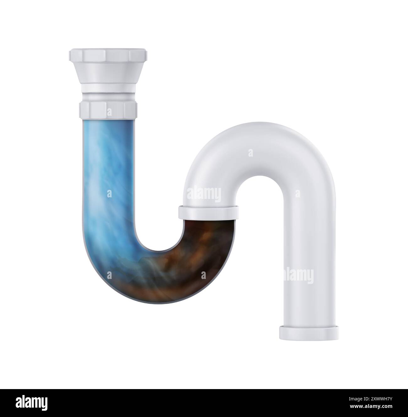 Obstruez et arrosez le tuyau d'évacuation en plastique de l'évier. Tube de plomberie de salle de bain et de toilette bloqué avec drainage. Nettoyage de vecteur 3D réaliste avec un détergent et dissoudre la saleté et les déchets dans la canalisation domestique. Illustration de Vecteur