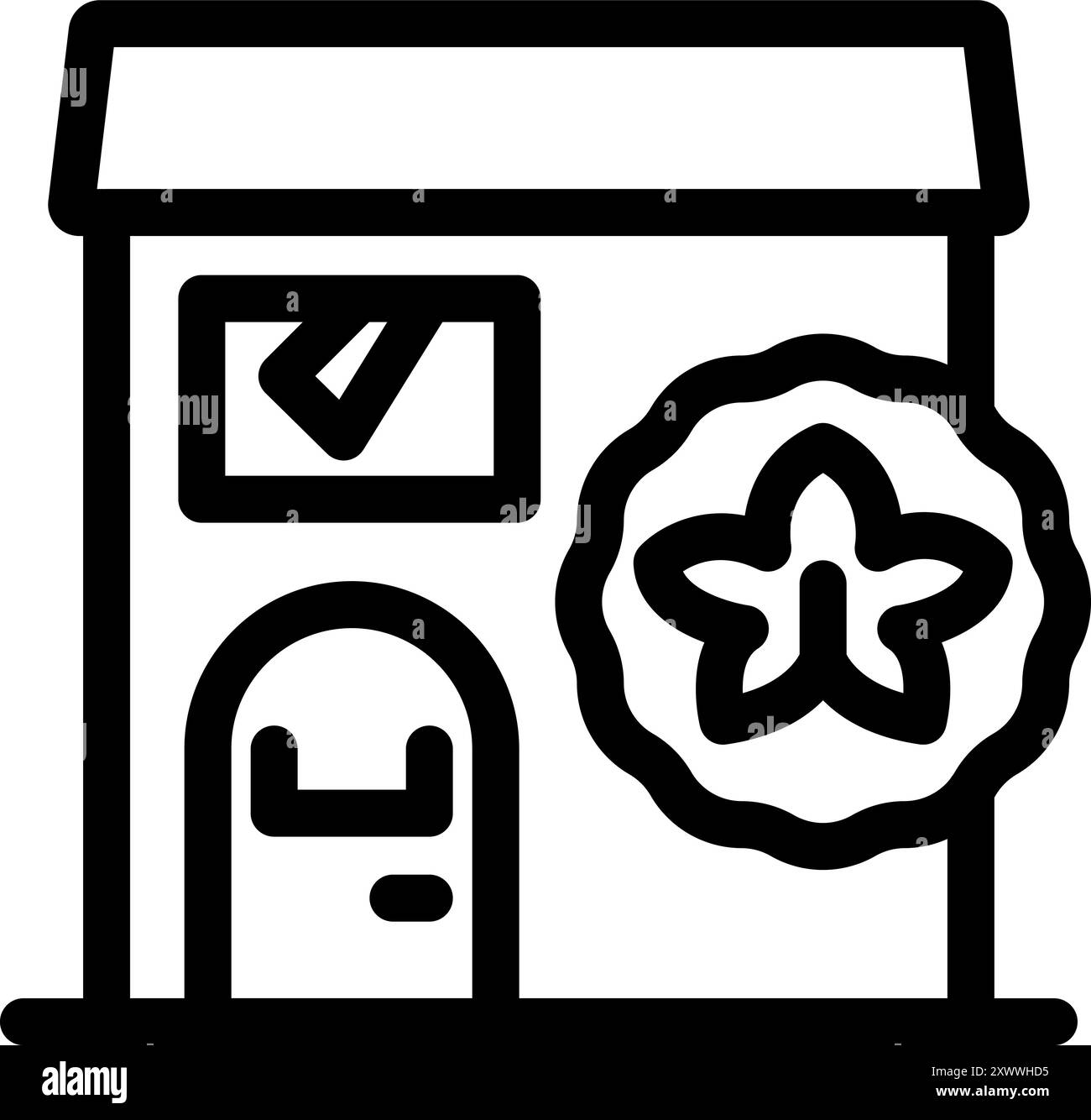 Icône de ligne simple d'un bâtiment de magasin de fleurs avec un signe de fleur en forme d'étoile Illustration de Vecteur