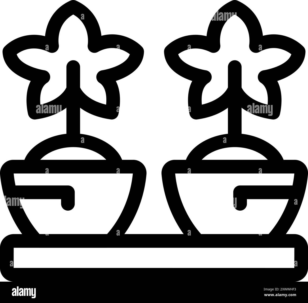 Icône d'art au trait de deux plantes en pot avec des feuilles en forme d'étoile, représentant le jardinage à la maison et le design d'intérieur Illustration de Vecteur