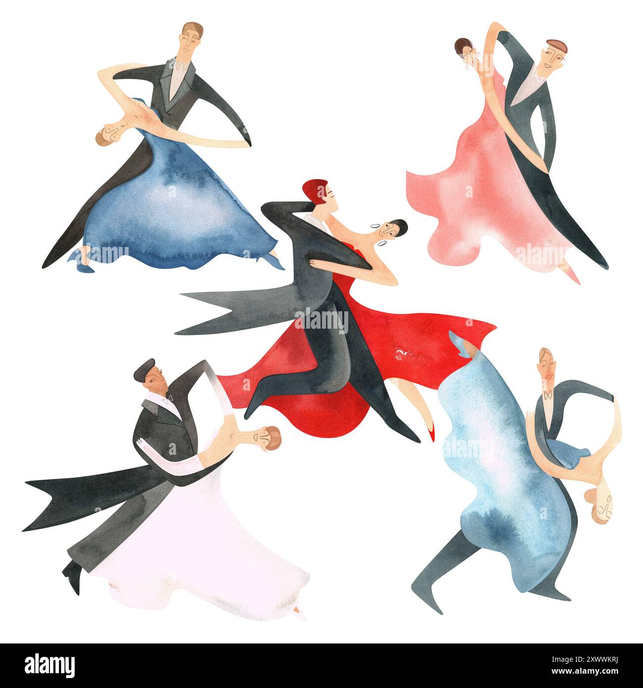 Danse de bal standard. Couples adultes sur le parquet. Illustration aquarelle isolée. Composition pour une carte postale, affiche pour des compétitions Banque D'Images