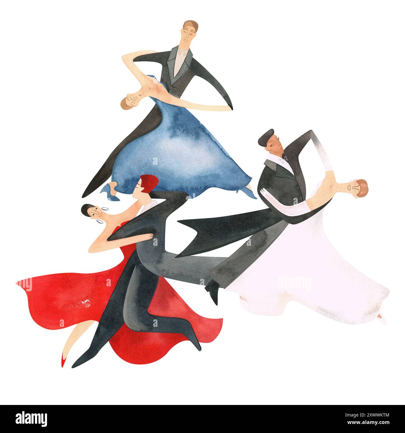 Danse de bal standard. Couples adultes sur le parquet. Illustration aquarelle isolée. Composition pour une carte postale, affiche pour des compétitions Banque D'Images