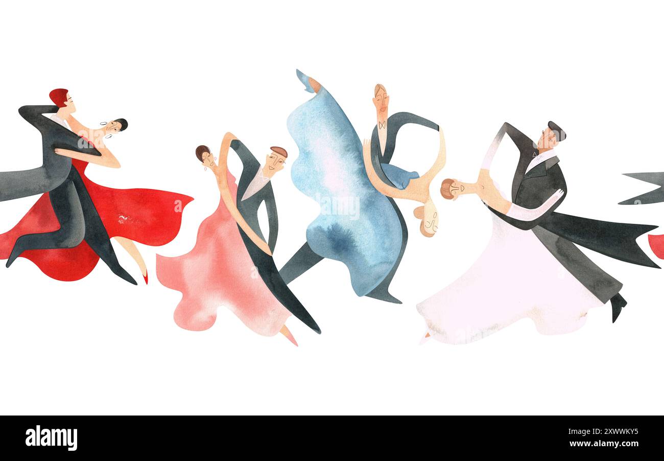 Danse de bal standard. Couples adultes sur le parquet. Illustration aquarelle isolée. Bordure transparente, bannière pour la conception de site Web d'une école ou Banque D'Images
