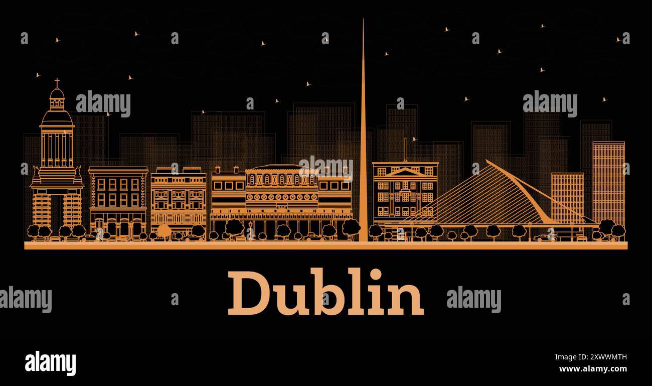 Aperçu de Dublin Ireland City Skyline avec des bâtiments orange. Illustration vectorielle. Voyage d'affaires et concept de tourisme avec architecture historique. Illustration de Vecteur