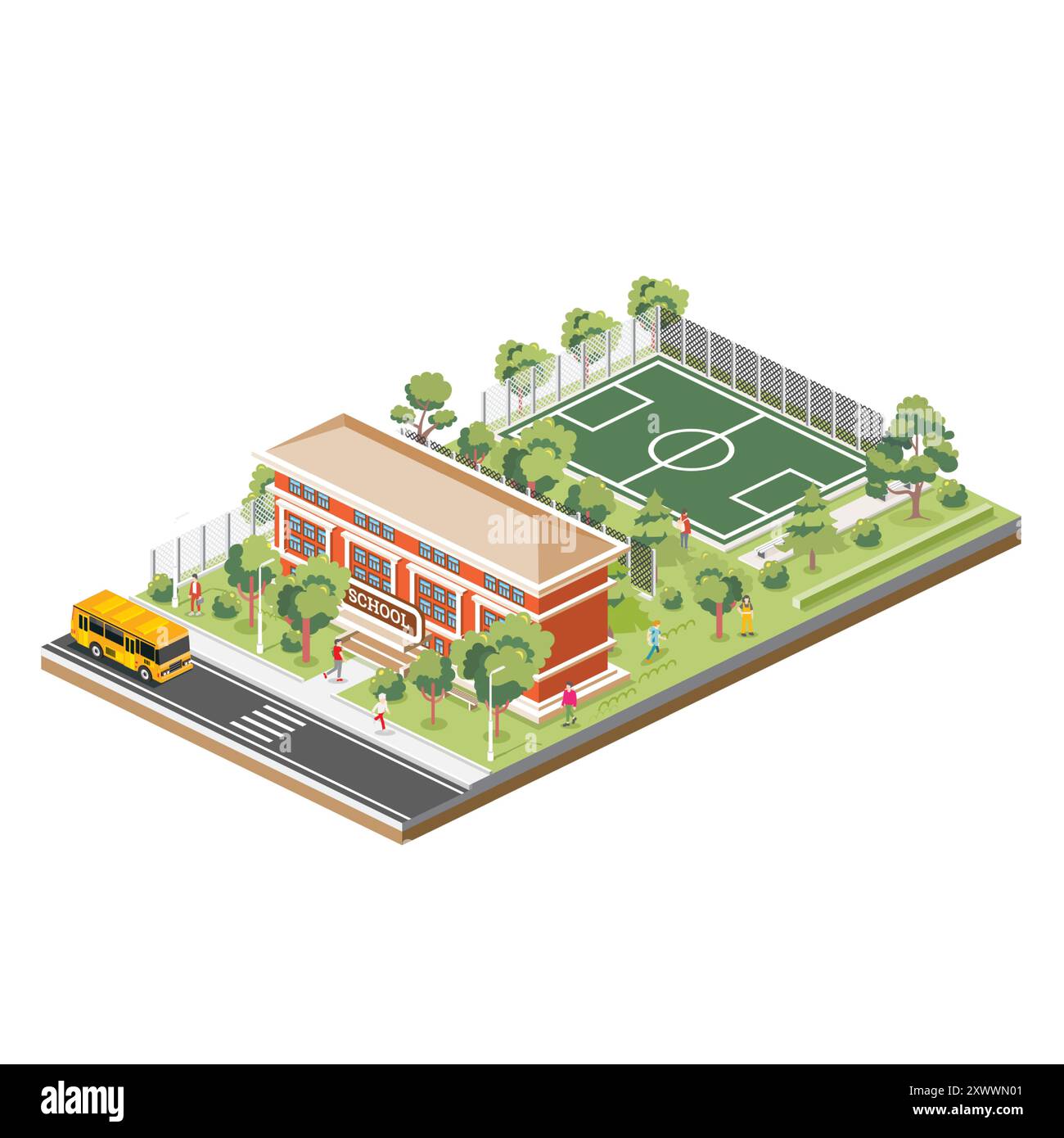 Bâtiment d'école ou d'université avec stade de sport sur la cour d'école. Illustration vectorielle. Scène isométrique. Autobus scolaire. Arbres verts. Illustration de Vecteur