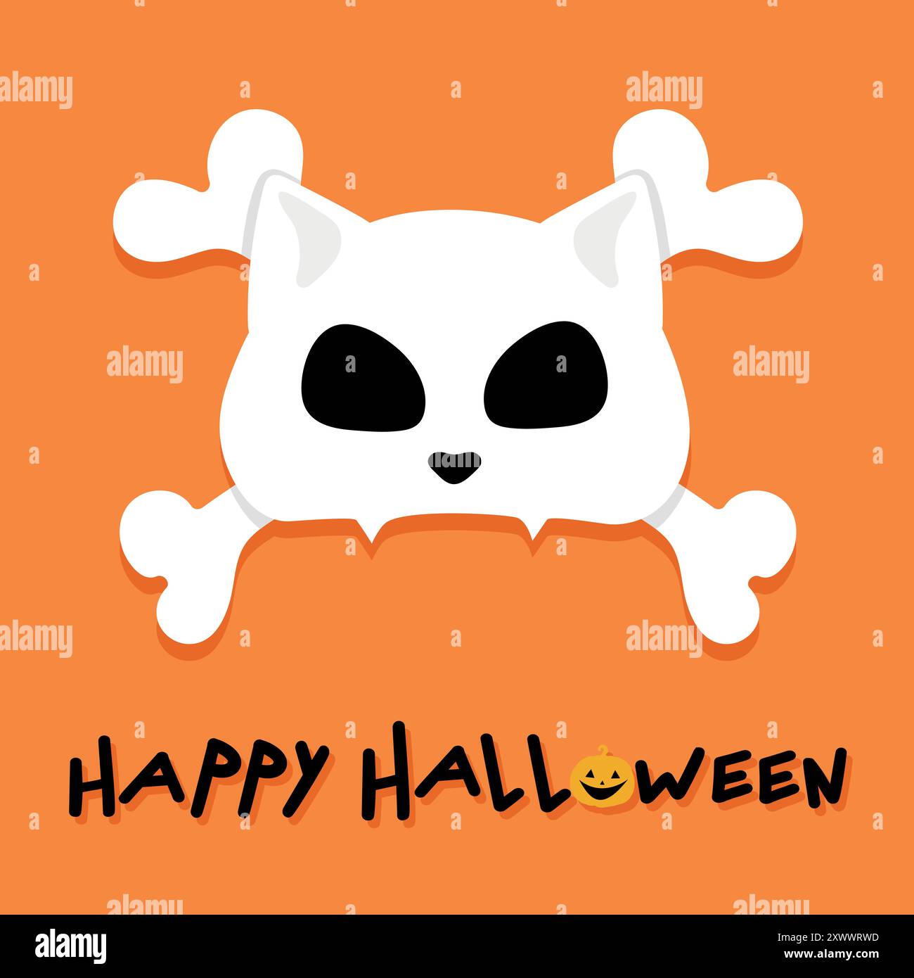 Bonne carte de voeux Halloween avec un crâne de chat avec des os croisés sur fond orange. Cat Jolly Roger. Illustration vectorielle Illustration de Vecteur