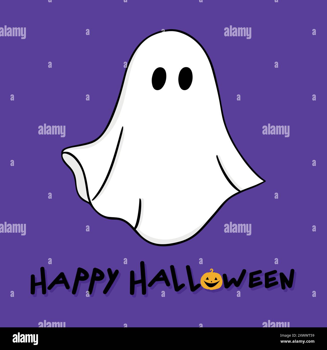 Bonne carte de voeux Halloween avec un fantôme simple dans une feuille isolée sur fond violet. Illustration vectorielle Illustration de Vecteur