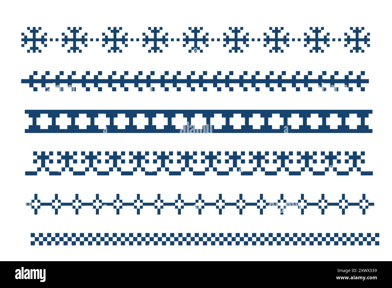 Éléments de décoration hiver flocon de neige à bordure pixel. Modèles de diviseur y2k. Simple minimal. Cadre Chirtmas de vacances. Illustration vectorielle Illustration de Vecteur