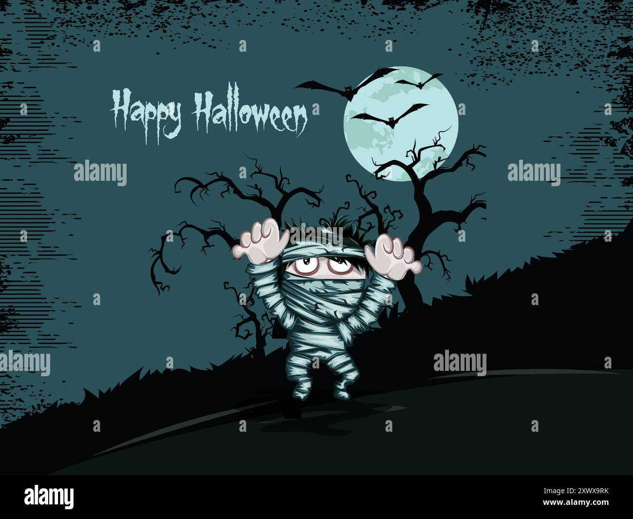 Une figure caricaturale se tient devant un arbre avec une lune en arrière-plan. L'image est intitulée « Happy Halloween » et a une sensation effrayante et étrange t Illustration de Vecteur