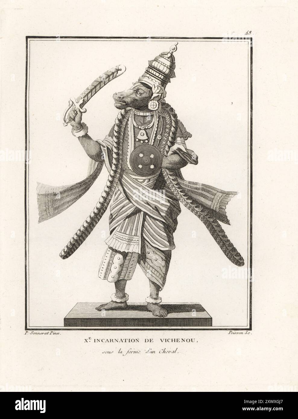 Dieu hindou Vishnu comme l'avatar à tête de cheval Hayagriva, dixième incarnation. Dieu de sagesse et de connaissance, armé de scimitar et bouclier rond.. Dixieme Incarnation de Vichenou sous la forme d'un cheval. Gravure sur cuivre de Jean-Baptiste Marie poisson d'après une illustration de Pierre Sonnerat tirée de son voyage aux Indes orientales et à la Chine (voyage aux Indes orientales et en Chine, Dentu, Paris, 1806). Banque D'Images