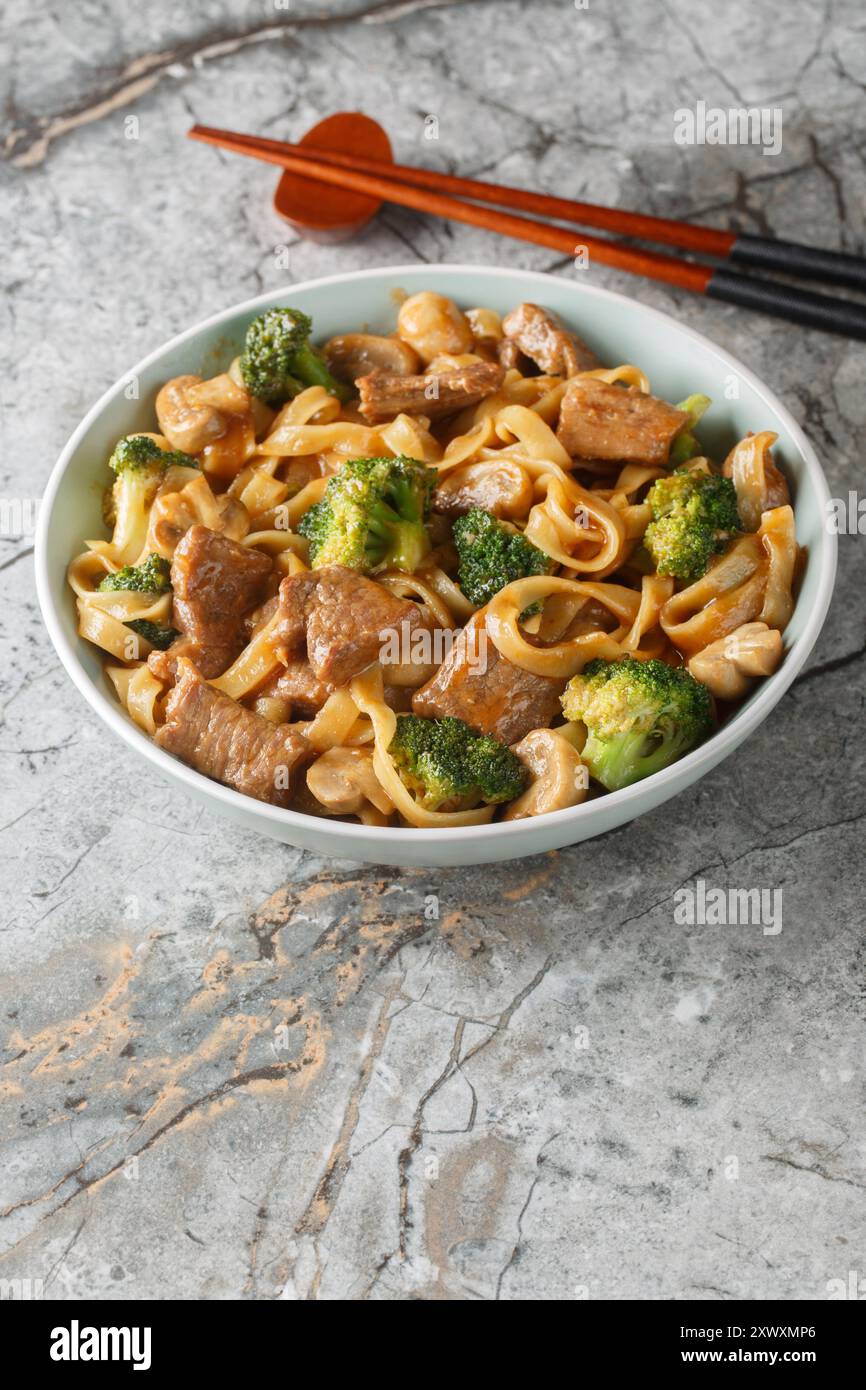 Nouilles de bœuf maison avec champignons et brocoli en gros plan sur le bol sur la table. Vertical Banque D'Images