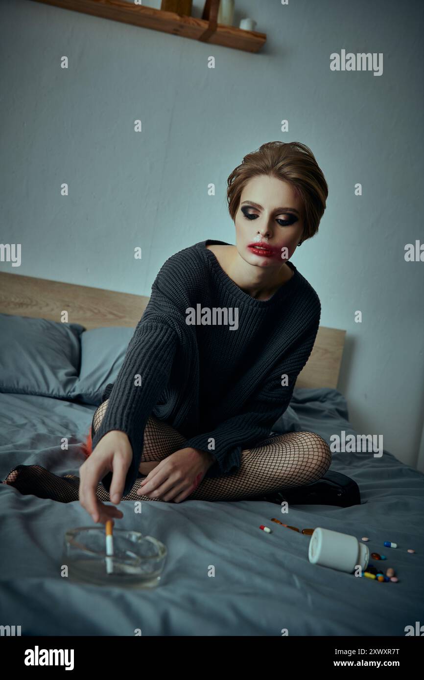 Une jeune femme est assise sur un lit, les yeux baissés, entourée de pilules éparpillées et d'un cendrier. Banque D'Images