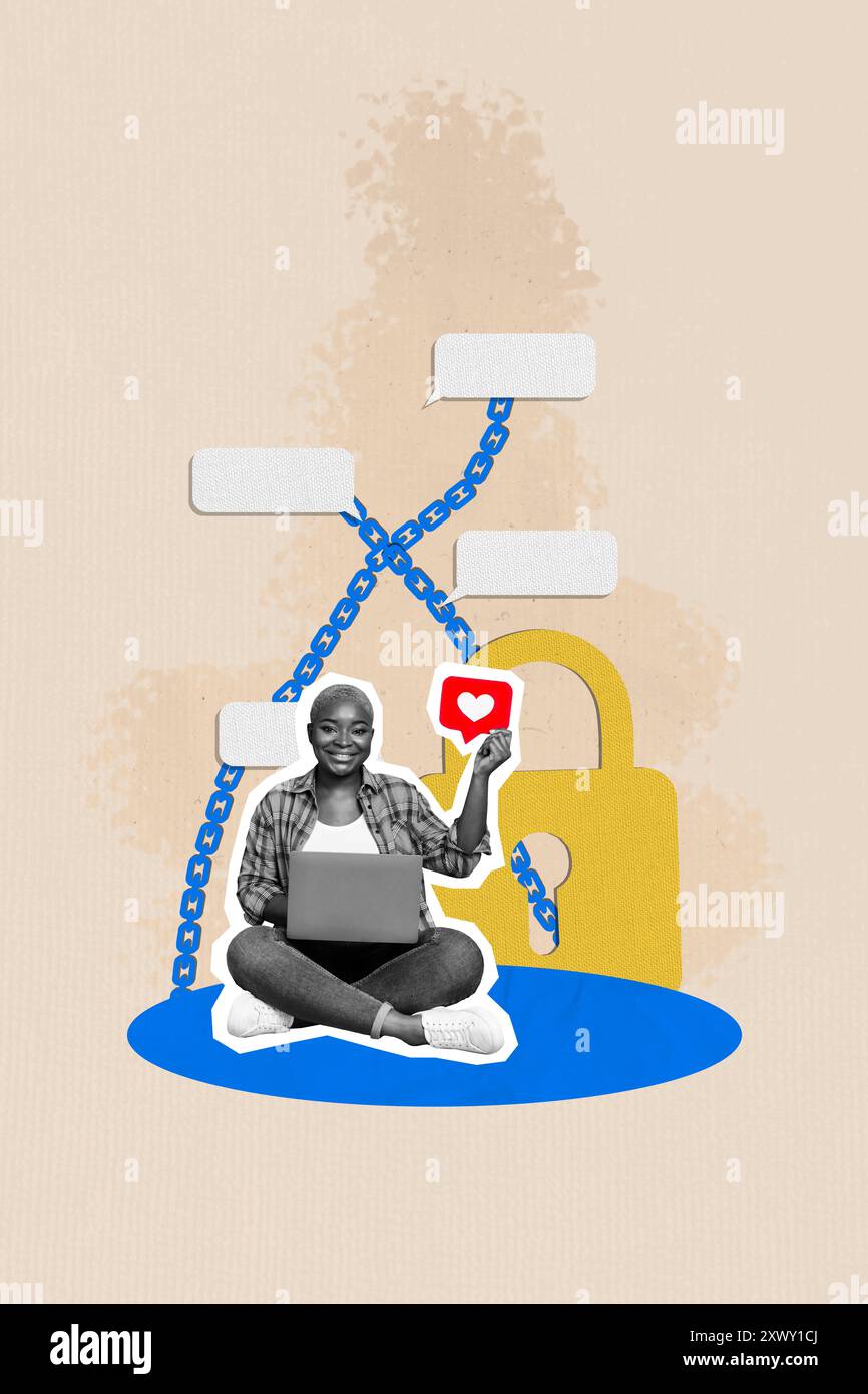 Illustration de tendance composite collage de photos d'image 3D de jeune femme au travail ordinateur portable Sit hold Heart bannière shiel lock Security Speech Cloud support Banque D'Images Illustration de tendance composite collage de photos d'image 3D de jeune femme au travail ordinateur portable Sit hold Heart bannière shiel lock Security Speech Cloud support Banque D'Images