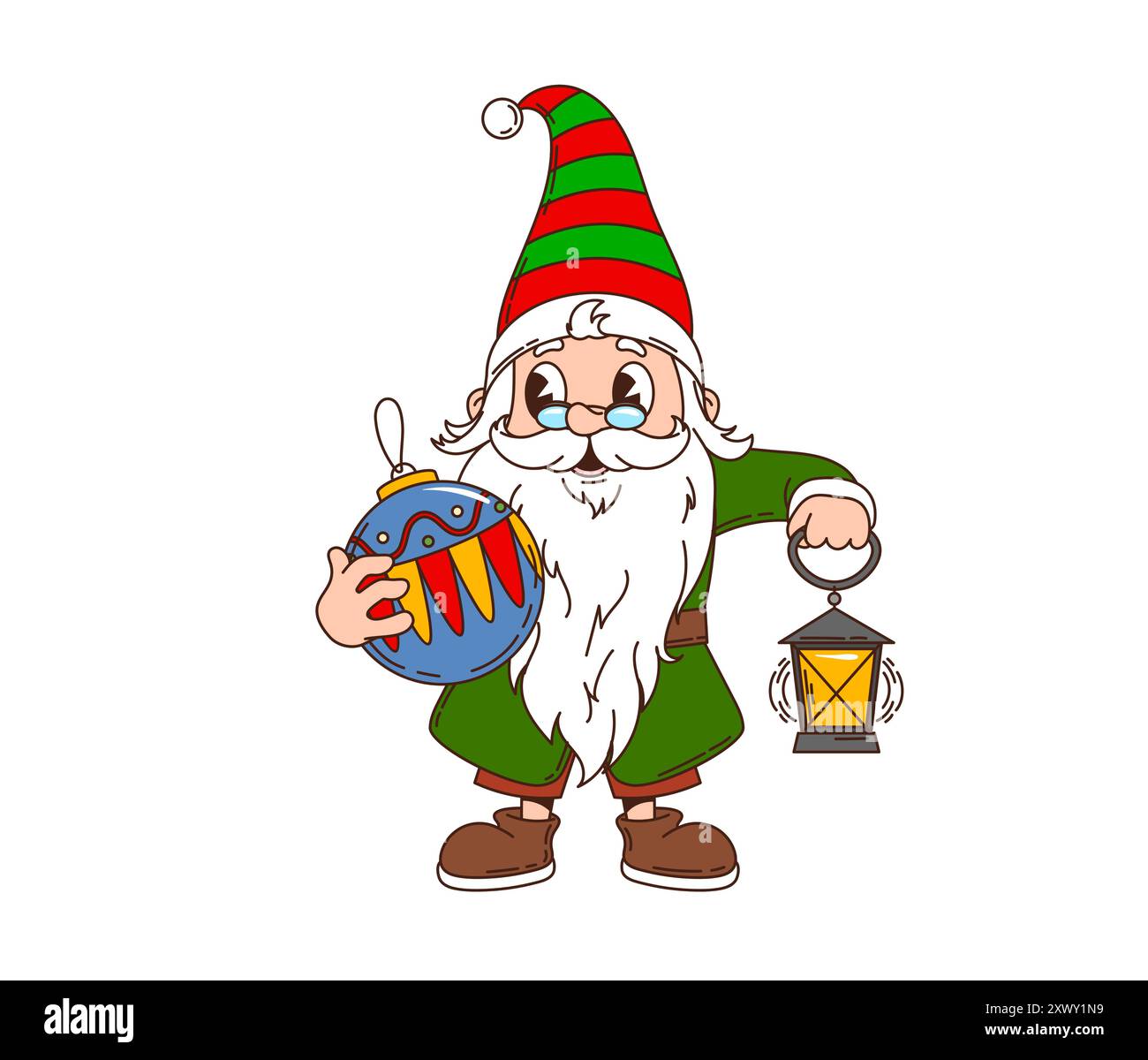 Personnage de gnome de Noël rétro groovy portant un chapeau rouge et vert rayé, tenant une boule colorée et une lanterne. Vecteur de dessin animé isolé festif, gai nain avec une barbe blanche et un esprit de vacances Illustration de Vecteur