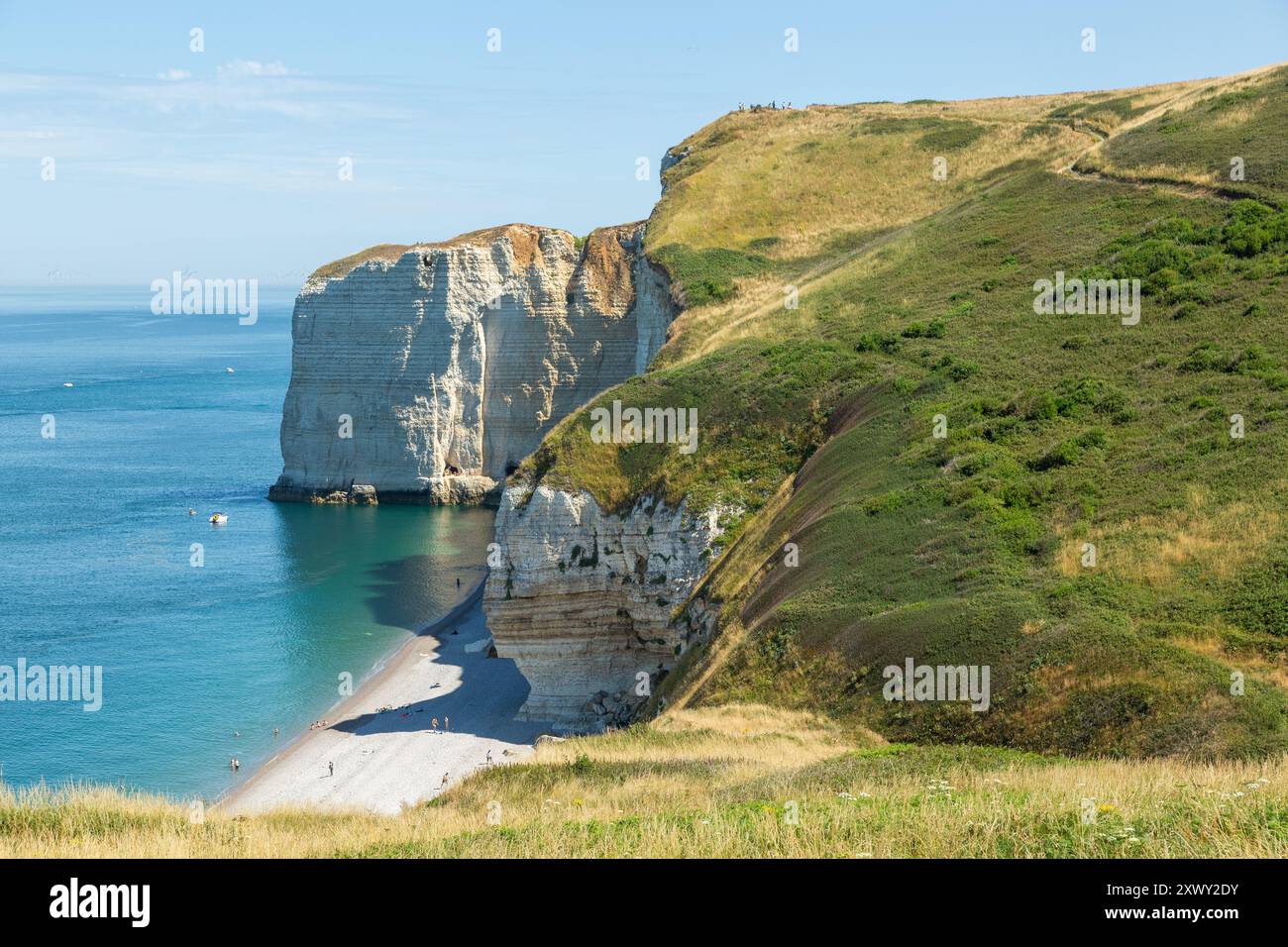 Falaises de craie blanche et sentier côtier près d'Etretat, Normandie, France Banque D'Images