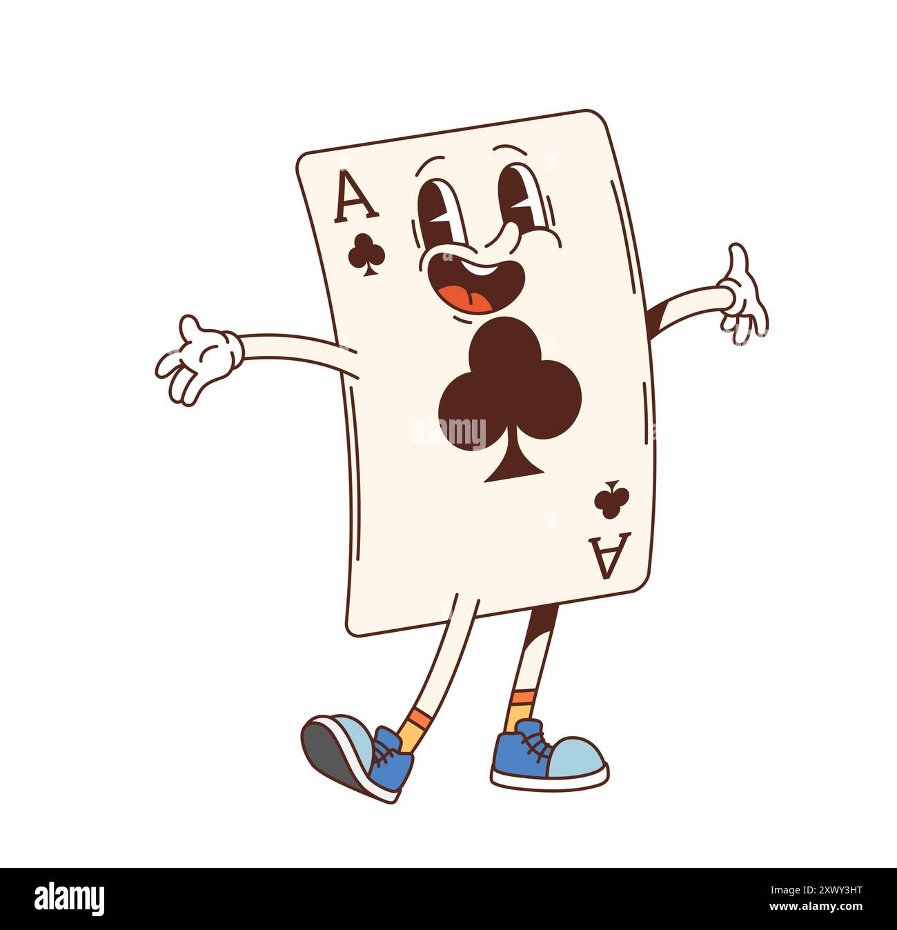 Personnage de poker de casino rétro groovy. Vecteur de dessin animé isolé Ace de personnages de clubs avec un large sourire, prêt à apporter du plaisir à la nuit de jeu de jeu de jeu. F Illustration de Vecteur