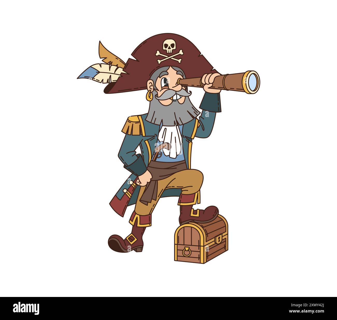 Personnage de pirate groovy de dessin animé et de corsaire. Personnage de capitaine barbu vectoriel isolé se tient en toute confiance avec le pied sur un coffre au trésor regardant à travers Illustration de Vecteur