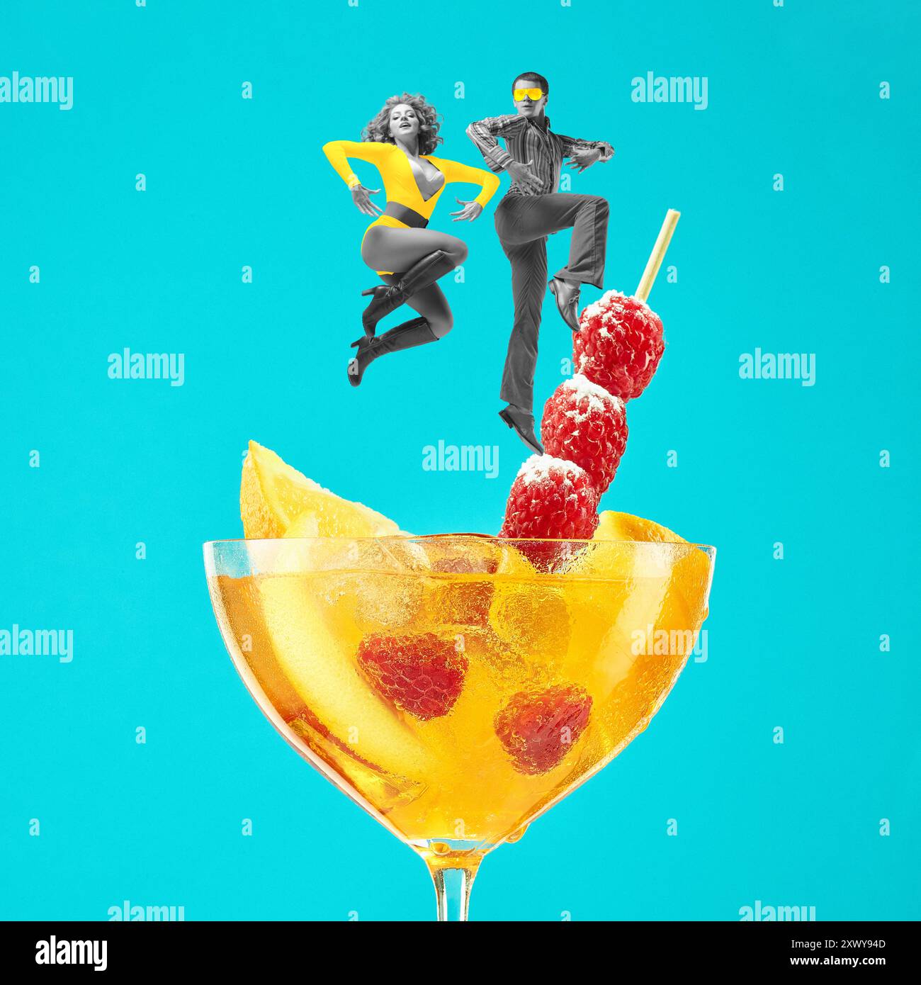 Affiche. Collage d'art contemporain. Danseurs disco dans des tenues élégantes sautant à cocktail comme piscine pleine d'aventures et de joie. Banque D'Images