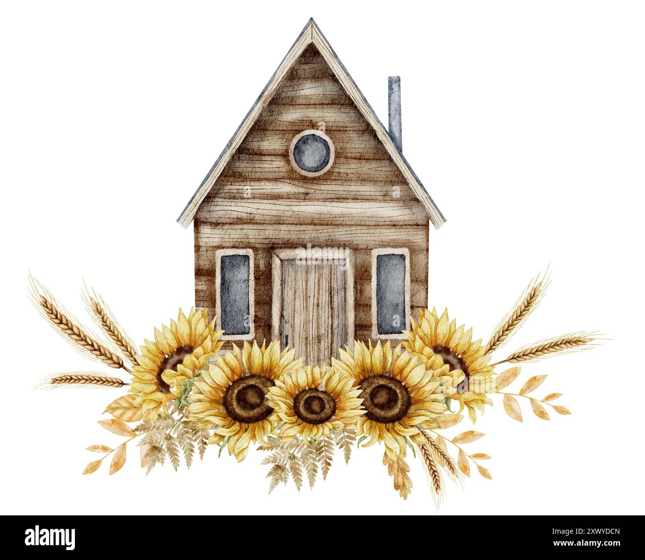 Maison avec illustration aquarelle de tournesols. Dessin de cabine rustique en bois avec cheminée avec fleurs d'automne sur fond isolé. Vieux Cottage fait de bûches. Bâtiment de campagne pour la conception. Banque D'Images