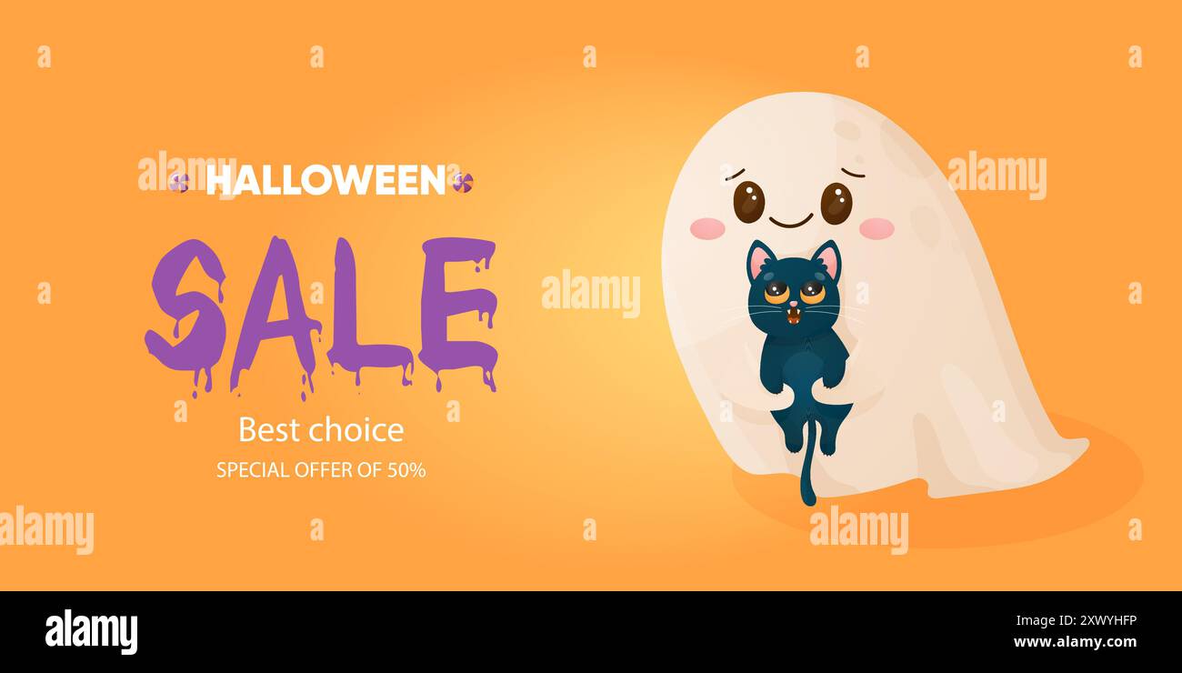 Bannière d'Halloween. Discount, vente avec fantôme mignon. Illustration vectorielle. Illustration de Vecteur