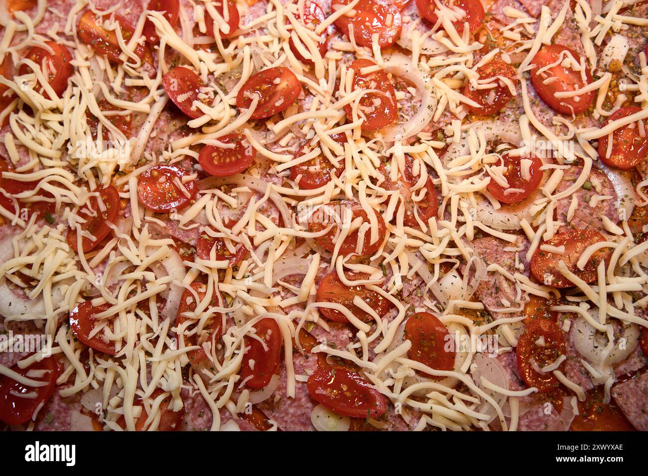 Placer les morceaux de tomates sur le salami, saupoudrer de fromage et mettre au four. Banque D'Images