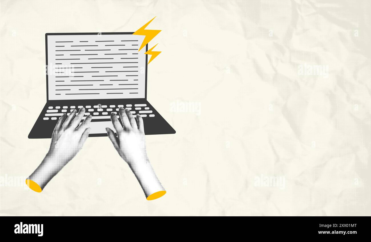 Mains demi-teintes utilisant l'illustration vectorielle de collage d'ordinateur portable Illustration de Vecteur