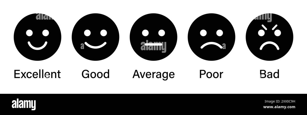 Note emoji set pour les commentaires des clients ou l'expérience du produit en noir et blanc. Jeu d'icônes emoji cinq étoiles. Échelle de rétroaction emoji. Illustration de Vecteur