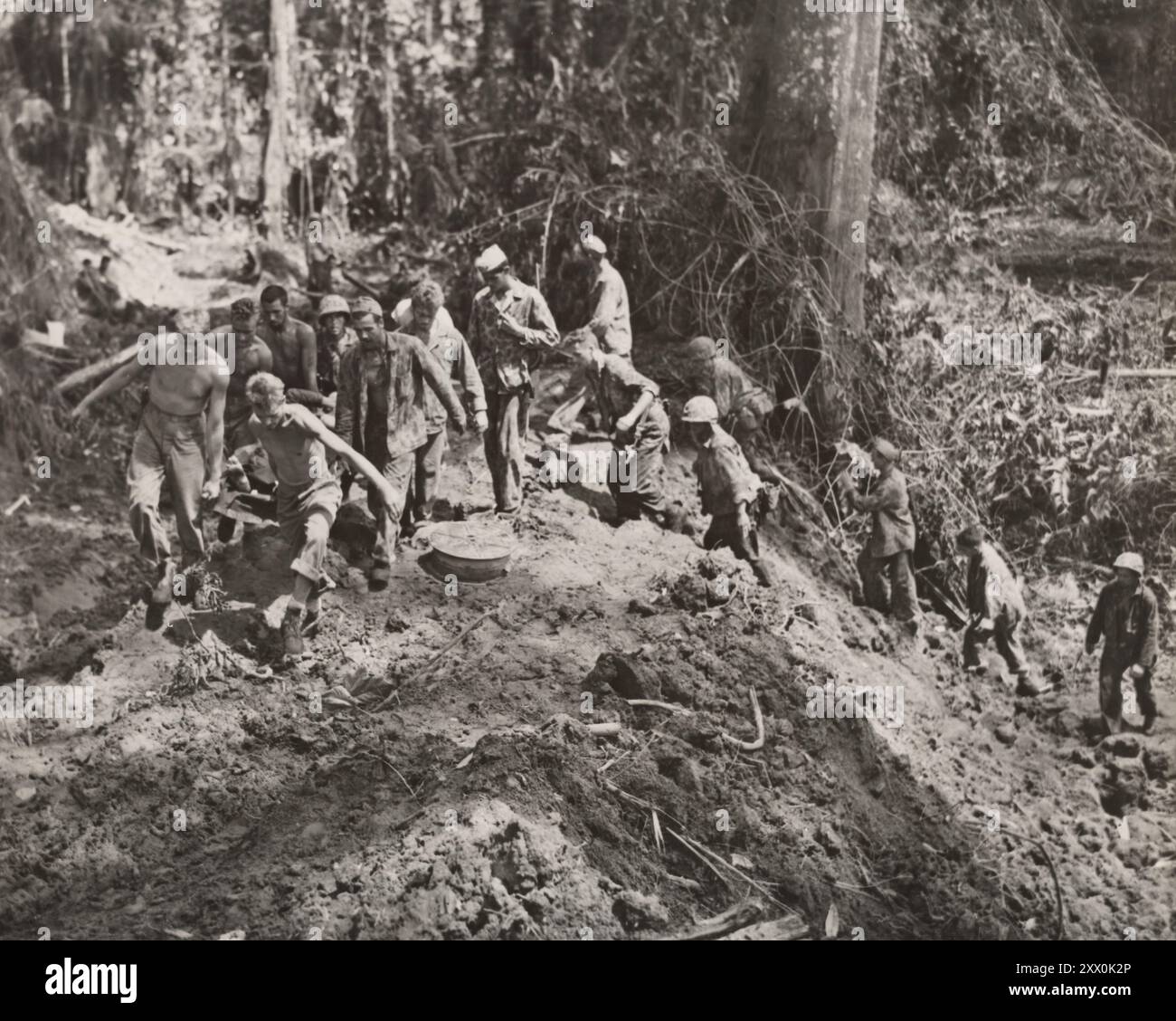Guerre mondiale IIe campagne de Bougainville (1943-1945). Fait partie de la campagne des Îles Salomon du théâtre du Pacifique. Assez robuste. Un Marine blessé dans les combats de Bougainville est transporté à un poste de dressage sur le terrain sur une piste rugueuse taillée. La chaussée de sable et de boue nécessitait sept Husky Leathernecks pour transporter la civière. Banque D'Images