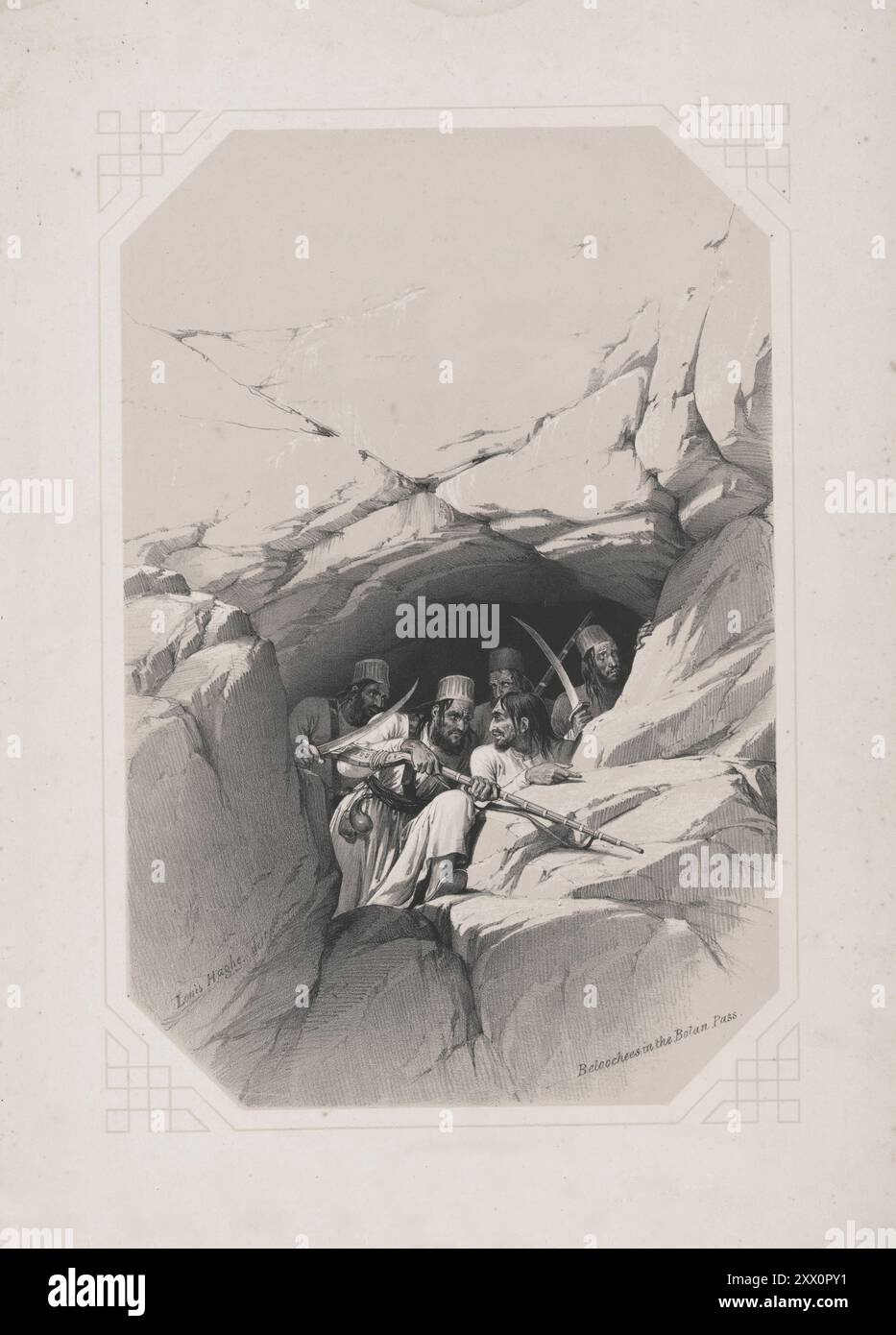 Première guerre anglo-afghane. Beloochees dans le col de Bolan. Afghanistan. 1840-1850. Croquis de Jas. Atkinson, esq. Cette illustration représente un Den dans les montagnes du col de Bolan, avec un groupe de Beloochees prêts à commencer une attaque lâche et meurtrière contre les troupes britanniques. Banque D'Images