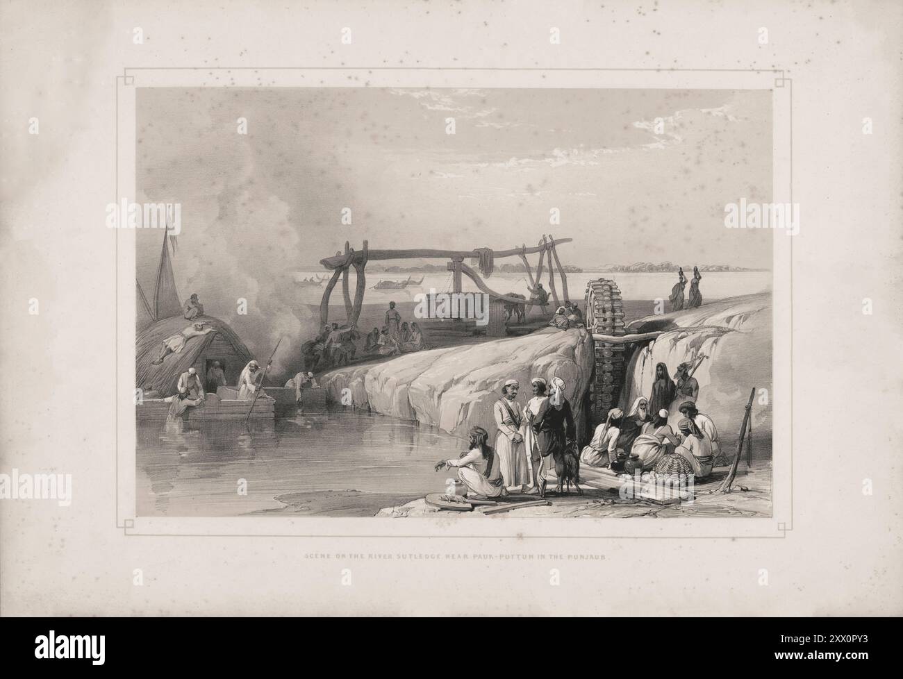 Première guerre anglo-afghane. Scène sur la rivière Sutledge, près de Pauk-Puttun dans le Punjaub. 1840-1850. Croquis de Jas. Atkinson, esq. Ce dessin représente une scène sur la rivière Sutledge, non loin du Pauk-Puttun dans le Punjaub, un pays dans le nord-ouest du Hindoostan proprement dit. Un certain nombre de Punjaubees occupent l'avant-plan, certains d'entre eux sont occupés à cuisiner, d'autres en conversation, tandis que les bateliers, dans les bateaux propres au Punjaub, sont vus à gauche. Sur la rive moyenne se trouve une délimitation fidèle de « la roue persane », utilisée pour irriguer les champs, et qui est tournée par Banque D'Images