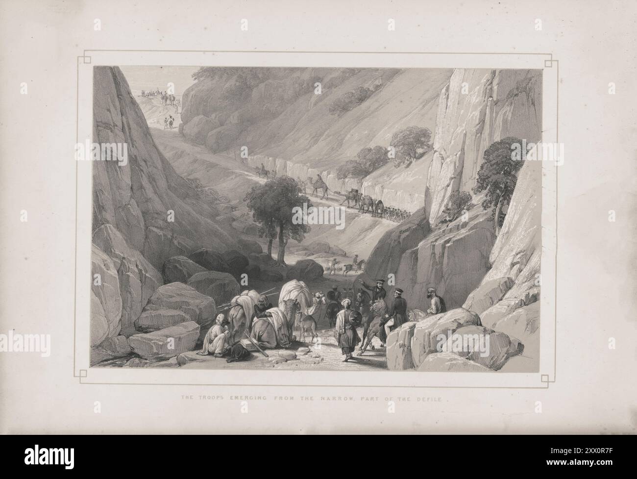 Première guerre anglo-afghane. Les troupes émergent de la partie étroite du défilé dans le col de Khojak. 1840-1850. Croquis de Jas. Atkinson, esq. Ce dessin représente les troupes émergeant de la partie étroite du défilé, et les routes anciennes et nouvellement construites jusqu'à l'ascension. La route jusqu'au défilé avait progressivement augmenté en pente, et diminué en largeur, et l'ascension devint plus difficile. Banque D'Images