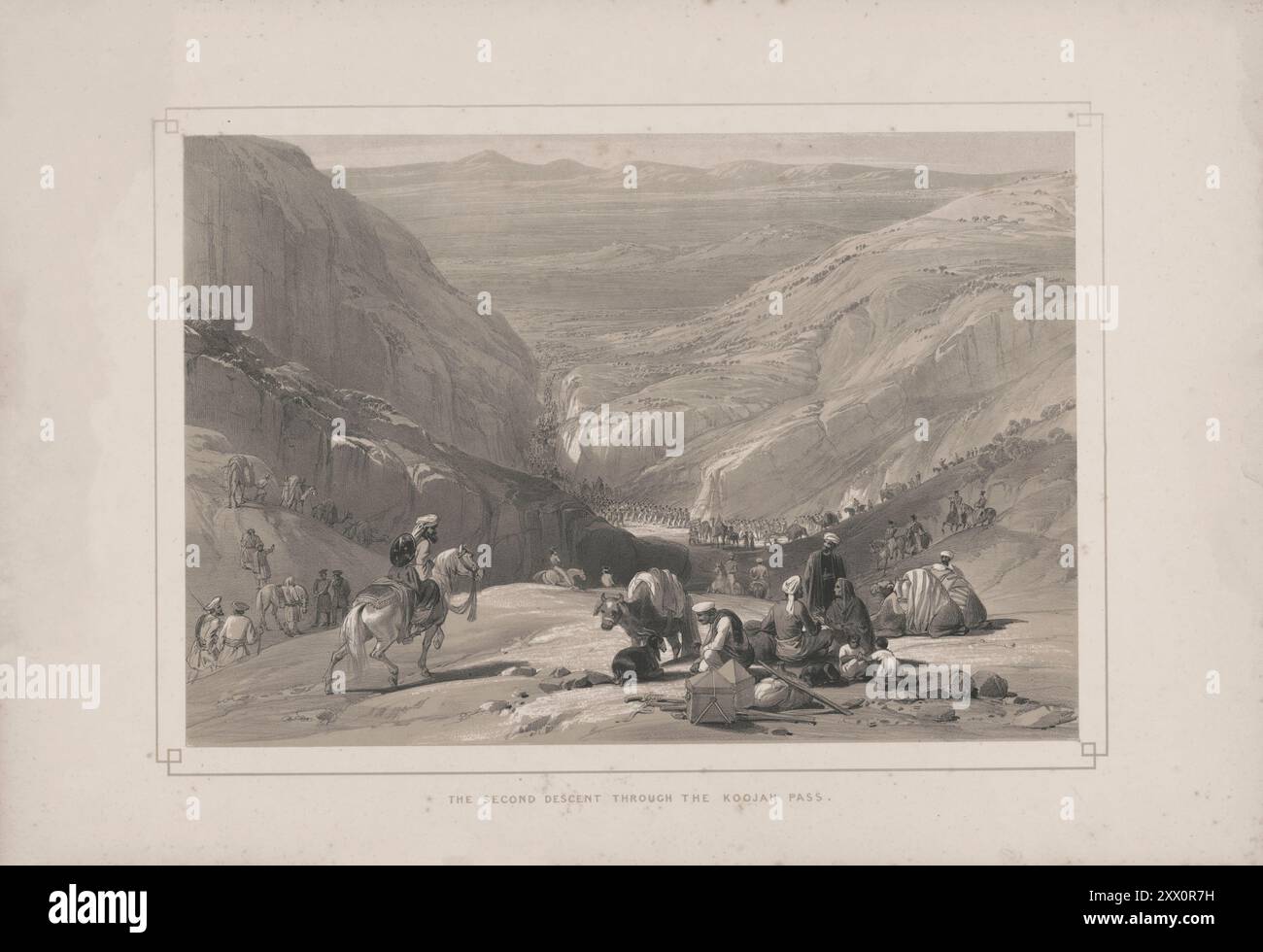 Première guerre anglo-afghane. La deuxième descente par le col de Khojak. 1840-1850. Croquis de Jas. Atkinson, esq. Cette descente n'était pas moins périlleuse que celle décrite dans la première vue, menaçant une destruction égale parmi les chameaux, et il n'a pas fallu longtemps avant que ces craintes aient été douloureusement réalisées, par un grand nombre de chameaux tombant la tête dans les ravins, étant incapables, de l'état mou et lâche de la terre, d'obtenir un pied sûr. La colonne et les innombrables partisans du camp, ici ont pris trois itinéraires différents, et campé près du fond des collines, à environ deux miles de distance Banque D'Images