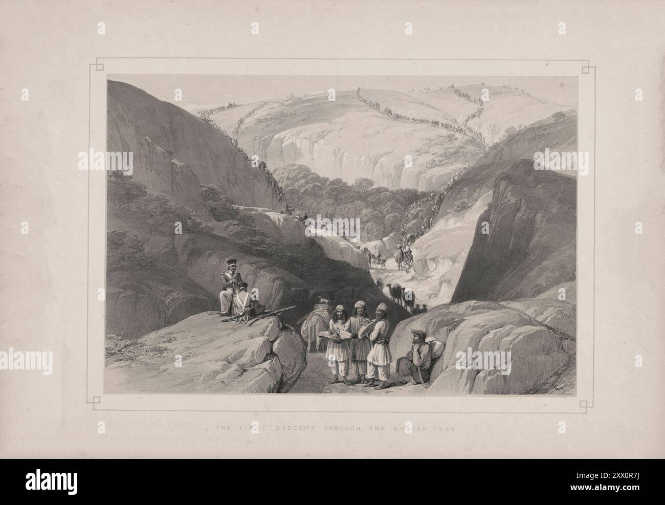 Première guerre anglo-afghane. La première descente par le col de Khojak. 1840-1850. Croquis de Jas. Atkinson, esq. La première descente à partir du point décrit dans le dernier dessin, a été sur une distance considérable, très abrupte, précipitée et sinueuse, et le fond traversé par un torrent, et ici la vue jusqu'à la position suivante du col a été des plus formidables, tant en ce qui concerne son altitude que son parcours brisé, sur le point d'être poursuivi en travaillant jusqu'au sommet. La première pente a été parsemée de chameaux morts, pas moins de seize couchés sur un endroit précipité, et la face de l'ensemble des acclivités montrent¬ing Banque D'Images