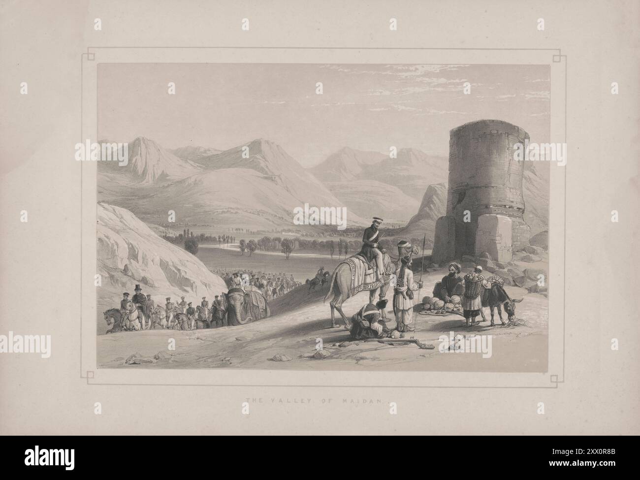 Première guerre anglo-afghane. La vallée de Maidan. 1840-1850. Croquis de Jas. Atkinson, esq. Au sommet du fort ghaut ou col se trouve une tour ronde, ou maison de garde, appelée Buzrak, et de cette éminence la vallée de Maïdan est distinctement vue, bien qu'une petite partie de celui-ci soit représentée dans cette vue. La beauté de cette vallée est très louée par les Afghans. La vallée est semi-circulaire, d'environ un mile et demi de large, et quatre miles de long, bordée par les collines les plus stériles, avec une charmante ligne argentée de rivière qui coule à travers son centre, et les arbres, prairies, et plantations, toujours appe Banque D'Images
