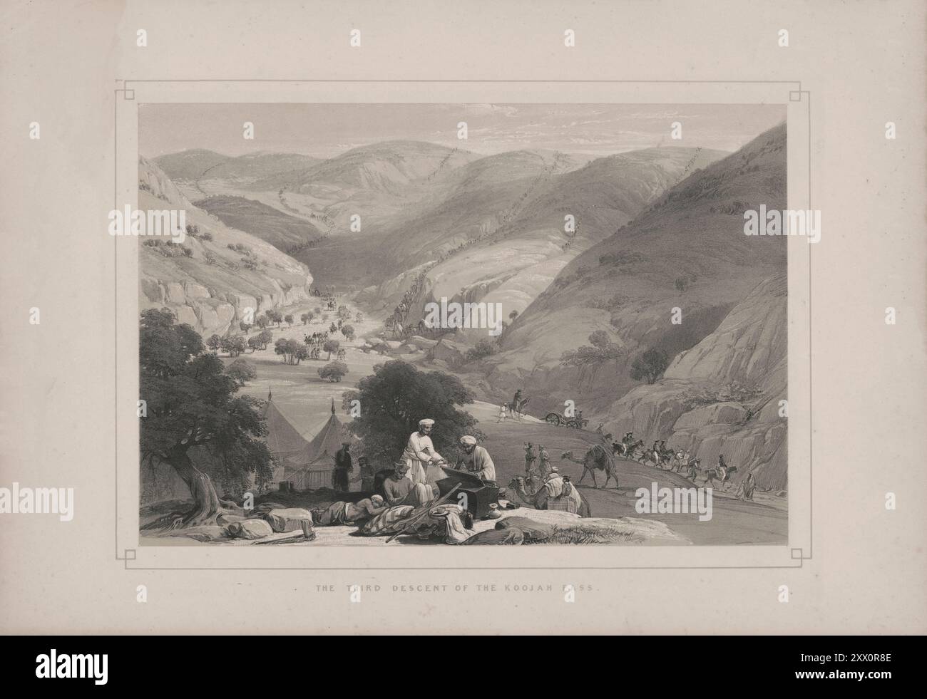 Première guerre anglo-afghane. La troisième descente du col de Khojak. 1840-1850. Croquis de Jas. Atkinson, esq. Regardant en arrière de trois parties vers le bas, où le 1er régiment européen du Bengale avait campé, pour aider à ramener l'artillerie, est l'endroit d'où cette vue a été prise, et qui re-présente au premier plan le campement du 1er régiment européen du Bengale, avec un groupe de partisans du camp, certains endormis, tandis que d'autres sont occupés à déballer leurs bagages ; beaucoup de difficulté était ici encourue, pour franchir le parc d'artillerie, qui¬pas moins de cinq jours à pied Banque D'Images