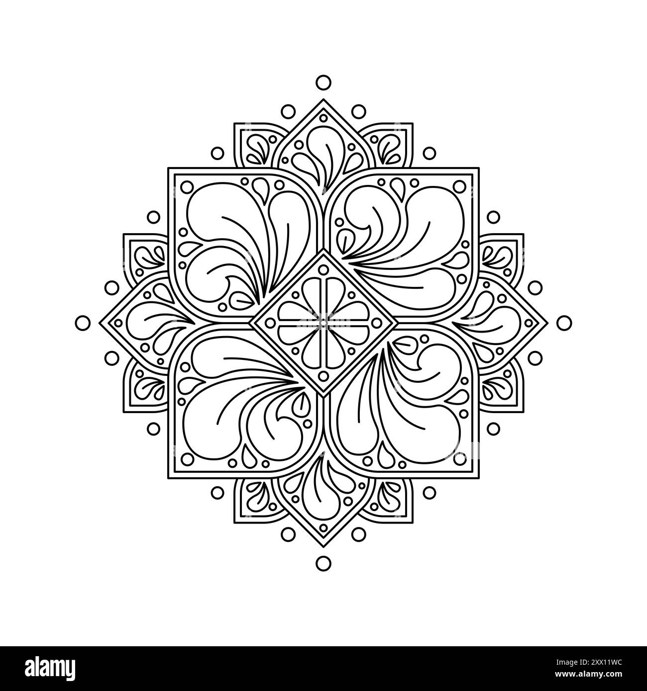 Beau mandala. Dessin linéaire noir et blanc. Pour la conception de livres de coloriage pour adultes, impressions, affiches, autocollants, tatouage, méditation, yoga. I Illustration de Vecteur