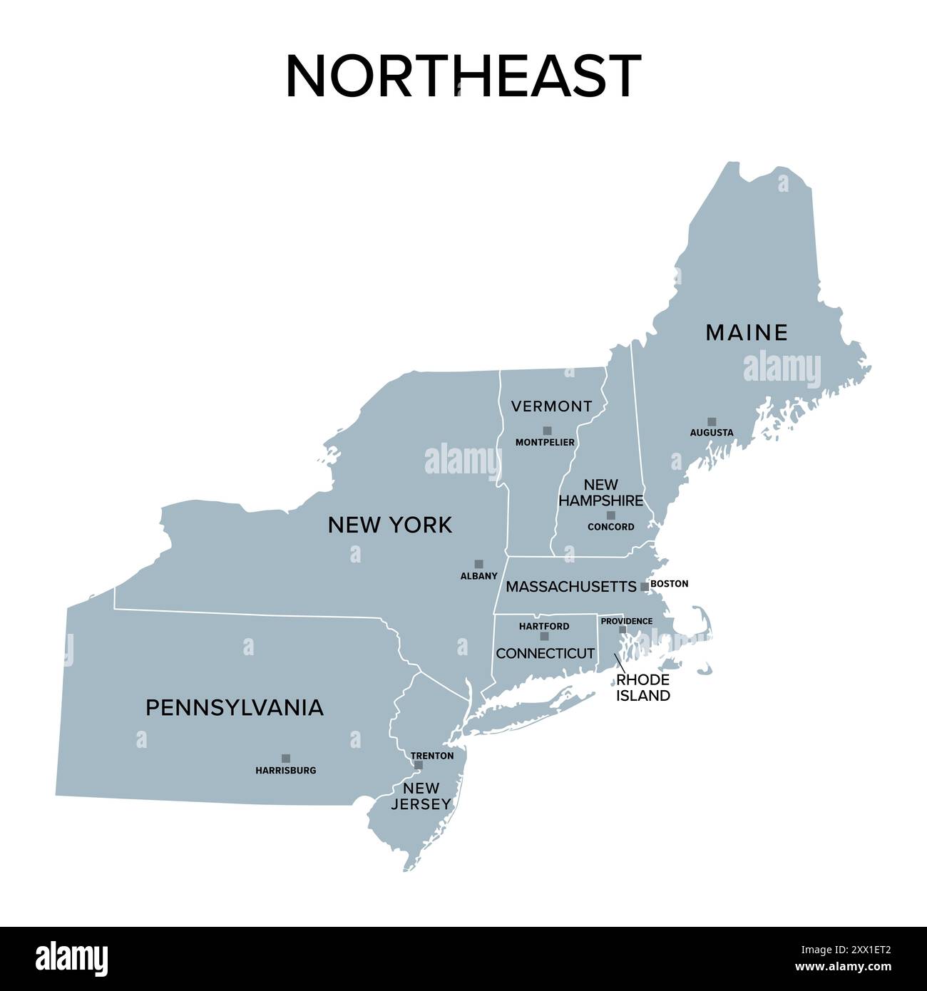 Nord-est, région de recensement des États-Unis d'Amérique, carte politique grise de la région de recensement 1, composée de 9 états individuels. Banque D'Images