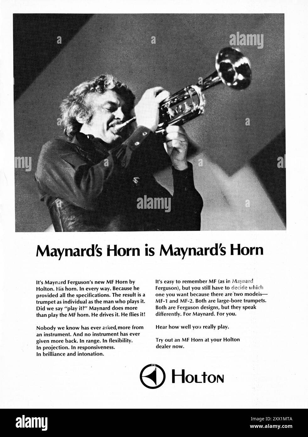 Une publicité pour Holton Trumpets mettant en vedette un soutien de la star de la trompette jazz, Maynard Ferguson. d'un magazine de musique du début des années 1970. Banque D'Images