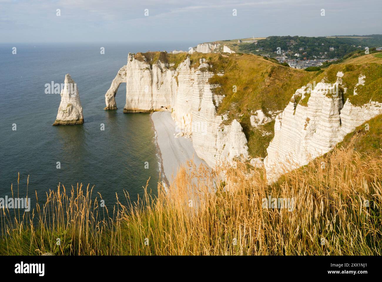 Falaise et aiguille d'aval, Etretat, Côte d'Albatre, pays de Caux, Seine-maritime, région haute-Normandie, France, Europe Banque D'Images
