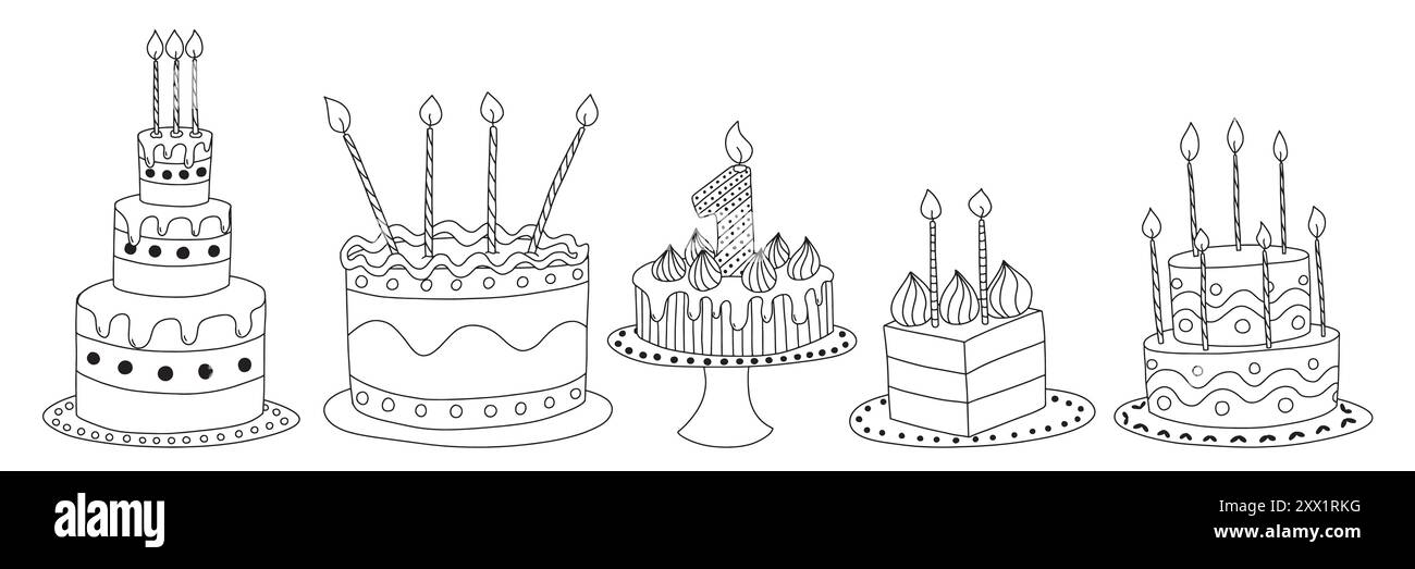 Ensemble vectoriel de croquis de gâteaux d'anniversaire Illustration de Vecteur